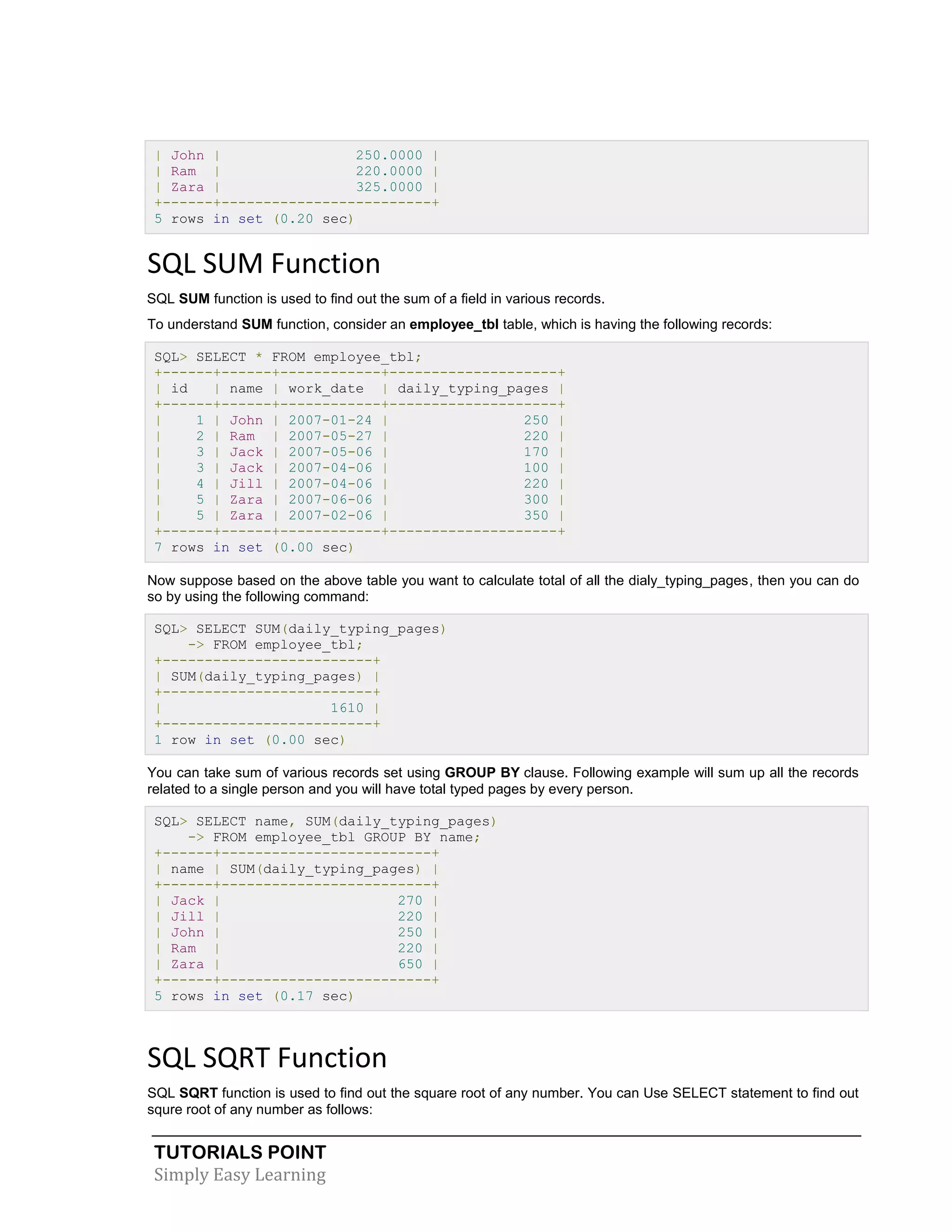 TUTORIALS POINT
Simply Easy Learning
| John | 250.0000 |
| Ram | 220.0000 |
| Zara | 325.0000 |
+------+-------------------------+
5 rows in set (0.20 sec)
SQL SUM Function
SQL SUM function is used to find out the sum of a field in various records.
To understand SUM function, consider an employee_tbl table, which is having the following records:
SQL> SELECT * FROM employee_tbl;
+------+------+------------+--------------------+
| id | name | work_date | daily_typing_pages |
+------+------+------------+--------------------+
| 1 | John | 2007-01-24 | 250 |
| 2 | Ram | 2007-05-27 | 220 |
| 3 | Jack | 2007-05-06 | 170 |
| 3 | Jack | 2007-04-06 | 100 |
| 4 | Jill | 2007-04-06 | 220 |
| 5 | Zara | 2007-06-06 | 300 |
| 5 | Zara | 2007-02-06 | 350 |
+------+------+------------+--------------------+
7 rows in set (0.00 sec)
Now suppose based on the above table you want to calculate total of all the dialy_typing_pages, then you can do
so by using the following command:
SQL> SELECT SUM(daily_typing_pages)
-> FROM employee_tbl;
+-------------------------+
| SUM(daily_typing_pages) |
+-------------------------+
| 1610 |
+-------------------------+
1 row in set (0.00 sec)
You can take sum of various records set using GROUP BY clause. Following example will sum up all the records
related to a single person and you will have total typed pages by every person.
SQL> SELECT name, SUM(daily_typing_pages)
-> FROM employee_tbl GROUP BY name;
+------+-------------------------+
| name | SUM(daily_typing_pages) |
+------+-------------------------+
| Jack | 270 |
| Jill | 220 |
| John | 250 |
| Ram | 220 |
| Zara | 650 |
+------+-------------------------+
5 rows in set (0.17 sec)
SQL SQRT Function
SQL SQRT function is used to find out the square root of any number. You can Use SELECT statement to find out
squre root of any number as follows:
 