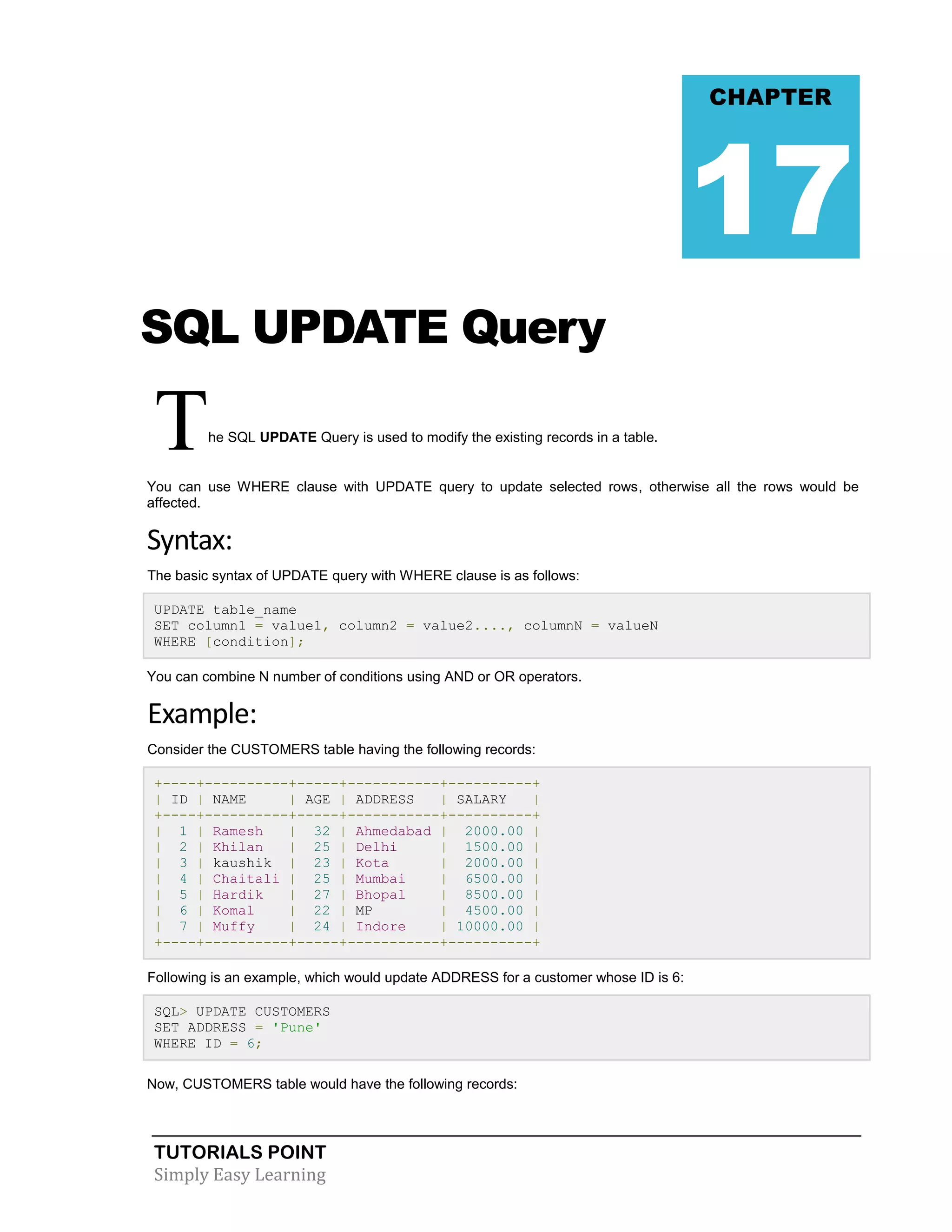 TUTORIALS POINT
Simply Easy Learning
SQL UPDATE Query
The SQL UPDATE Query is used to modify the existing records in a table.
You can use WHERE clause with UPDATE query to update selected rows, otherwise all the rows would be
affected.
Syntax:
The basic syntax of UPDATE query with WHERE clause is as follows:
UPDATE table_name
SET column1 = value1, column2 = value2...., columnN = valueN
WHERE [condition];
You can combine N number of conditions using AND or OR operators.
Example:
Consider the CUSTOMERS table having the following records:
+----+----------+-----+-----------+----------+
| ID | NAME | AGE | ADDRESS | SALARY |
+----+----------+-----+-----------+----------+
| 1 | Ramesh | 32 | Ahmedabad | 2000.00 |
| 2 | Khilan | 25 | Delhi | 1500.00 |
| 3 | kaushik | 23 | Kota | 2000.00 |
| 4 | Chaitali | 25 | Mumbai | 6500.00 |
| 5 | Hardik | 27 | Bhopal | 8500.00 |
| 6 | Komal | 22 | MP | 4500.00 |
| 7 | Muffy | 24 | Indore | 10000.00 |
+----+----------+-----+-----------+----------+
Following is an example, which would update ADDRESS for a customer whose ID is 6:
SQL> UPDATE CUSTOMERS
SET ADDRESS = 'Pune'
WHERE ID = 6;
Now, CUSTOMERS table would have the following records:
CHAPTER
17
 
