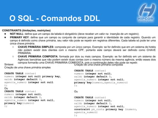 O SQL - Comandos DDL
CONSTRAINTS (limitações, restrições)
● NOT NULL: define que um campo da tabela é obrigatório (deve receber um valor na inserção de um registro);
● PRIMARY KEY: define que um campo ou conjunto de campos para garantir a identidade de cada registro. Quando um
campo é definido como chave primária, seu valor não pode se repetir em registros diferentes. Cada tabela só pode ter uma
única chave primária.
○ CHAVE PRIMÁRIA SIMPLES: composta por um único campo. Exemplo: se for definido que em um sistema de hotéis
não podem existir dois clientes com o mesmo CPF, portanto este campo deverá ser definido como CHAVE
PRIMÁRIA.
○ CHAVE PRIMÁRIA COMPOSTA: formada por dois ou mais campos. Exemplo: se for definido em um sistema de
Agências bancárias que não podem existir duas contas com o mesmo número da mesma agência, então esses dois
campos formarão uma CHAVE PRIMÁRIA COMPOSTA, pois a combinação deles não pode se repetir.
Criação de uma chave primária composta
CREATE TABLE contas(
numero integer not null,
saldo integer default 0,
agencia_numero integer not null,
primary key(numero,agencia_numero)
);
Ou
CREATE TABLE contas(
numero integer not null,
saldo integer default 0,
agencia_numero integer not null,
constraint pk_conta primary key (numero,
agencia_numero)
);
Sintaxe:
Criação de uma chave primária simples
CREATE TABLE contas(
numero integer not null primary key,
saldo integer default 0,
agencia_numero integer not null
);
Ou
CREATE TABLE contas(
numero integer not null,
saldo integer default 0,
agencia_numero integer not null,
primary key(numero)
);
 