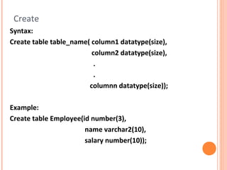 Create
Syntax:
Create table table_name( column1 datatype(size),
                         column2 datatype(size),
                          .
                          .
                        columnn datatype(size));

Example:
Create table Employee(id number(3),
                       name varchar2(10),
                       salary number(10));
 