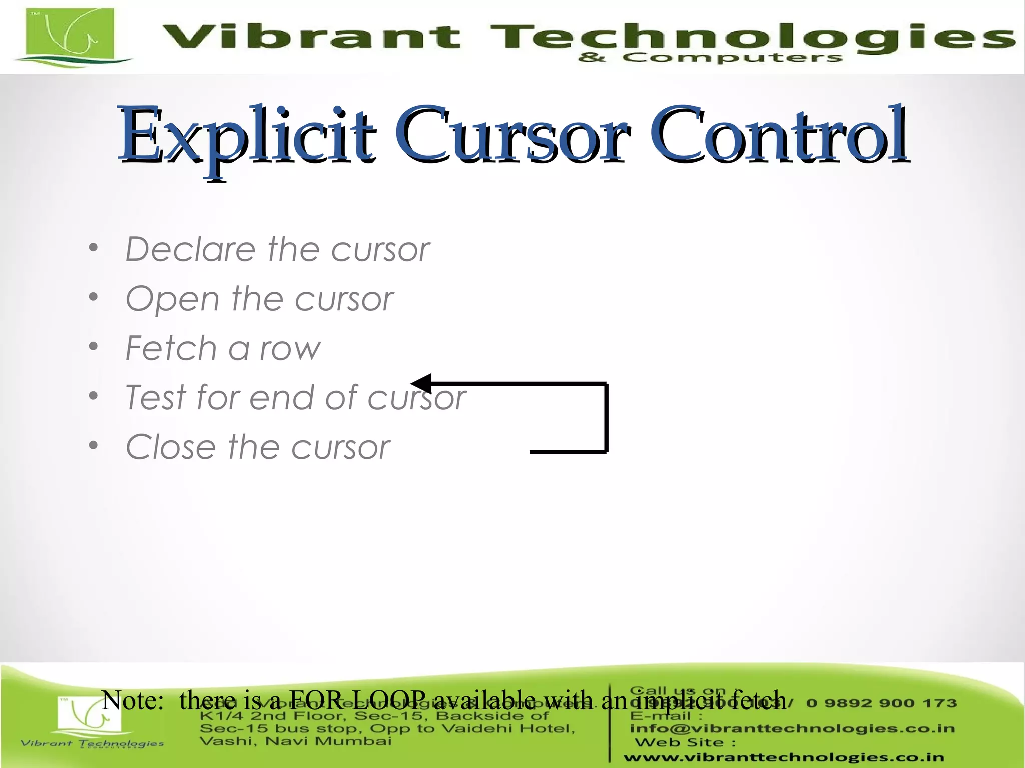 Explicit Cursor ControlExplicit Cursor Control
• Declare the cursor
• Open the cursor
• Fetch a row
• Test for end of cursor
• Close the cursor
Note: there is a FOR LOOP available with an implicit fetch
 