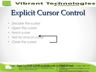Explicit Cursor ControlExplicit Cursor Control
• Declare the cursor
• Open the cursor
• Fetch a row
• Test for end of cursor
• Close the cursor
Note: there is a FOR LOOP available with an implicit fetch
 