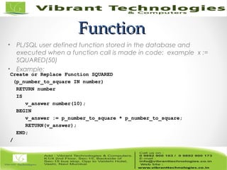 FunctionFunction
• PL/SQL user defined function stored in the database and
executed when a function call is made in code: example x :=
SQUARED(50)
• Example:
Create or Replace Function SQUARED
(p_number_to_square IN number)
RETURN number
IS
v_answer number(10);
BEGIN
v_answer := p_number_to_square * p_number_to_square;
RETURN(v_answer);
END;
/
 
