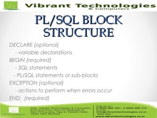 PL/SQL BLOCKPL/SQL BLOCK
STRUCTURESTRUCTURE
DECLARE (optional)
- variable declarations
BEGIN (required)
- SQL statements
- PL/SQL statements or sub-blocks
EXCEPTION (optional)
- actions to perform when errors occur
END; (required)
 