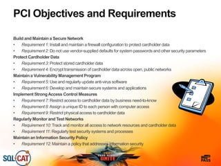 PCI Objectives and Requirements
Build and Maintain a Secure Network
• Requirement 1: Install and maintain a firewall configuration to protect cardholder data
• Requirement 2: Do not use vendor-supplied defaults for system passwords and other security parameters
Protect Cardholder Data
• Requirement 3: Protect stored cardholder data
• Requirement 4: Encrypt transmission of cardholder data across open, public networks
Maintain a Vulnerability Management Program
• Requirement 5: Use and regularly update anti-virus software
• Requirement 6: Develop and maintain secure systems and applications
Implement StrongAccess Control Measures
• Requirement 7: Restrict access to cardholder data by business need-to-know
• Requirement 8:Assign a unique ID to each person with computer access
• Requirement 9: Restrict physical access to cardholder data
Regularly Monitor and Test Networks
• Requirement 10: Track and monitor all access to network resources and cardholder data
• Requirement 11: Regularly test security systems and processes
Maintain an Information Security Policy
• Requirement 12: Maintain a policy that addresses information security
 