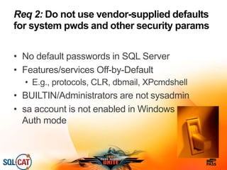 Req 2: Do not use vendor-supplied defaults
for system pwds and other security params
• No default passwords in SQL Server
• Features/services Off-by-Default
• E.g., protocols, CLR, dbmail, XPcmdshell
• BUILTIN/Administrators are not sysadmin
• sa account is not enabled in Windows
Auth mode
 