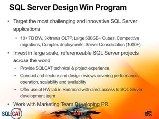 SQL Server Design Win Program
• Target the most challenging and innovative SQL Server
applications
• 10+ TB DW, 3k/tran/s OLTP, Large 500GB+ Cubes, Competitive
migrations, Complex deployments, Server Consolidation (1000+)
• Invest in large scale, referenceable SQL Server projects
across the world
• Provide SQLCAT technical & project experience
• Conduct architecture and design reviews covering performance,
operation, scalability and availability
• Offer use of HW lab in Redmond with direct access to SQL Server
development team
• Work with Marketing Team Developing PR
 