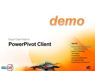 PowerPivot Client
Excel Client Add-In
PowerPivot Infrastructure
PowerPivot Client
Capacity Planning
Topologies
Installation
Upload Configuration
Troubleshooting
PowerPivot Architecture
Agenda
 