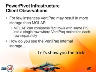 PowerPivot Infrastructure
Client Observations
• For few instances VertiPaq may result in more
storage than MOLAP
• MOLAP can compress fact rows with same FK
into a single row where VertiPaq maintains each
row separately
• How do you see the VertiPaq internal
storage…
Let’s show you the trick!
 