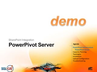 PowerPivot Server
SharePoint Integration
PowerPivot Infrastructure
PowerPivot Server
Capacity Planning
Topologies
Installation
Upload Configuration
Troubleshooting
Agenda
 