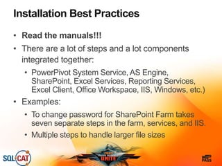 Installation Best Practices
• Read the manuals!!!
• There are a lot of steps and a lot components
integrated together:
• PowerPivot System Service, AS Engine,
SharePoint, Excel Services, Reporting Services,
Excel Client, Office Workspace, IIS, Windows, etc.)
• Examples:
• To change password for SharePoint Farm takes
seven separate steps in the farm, services, and IIS.
• Multiple steps to handle larger file sizes
 