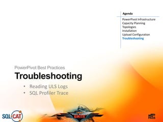 Troubleshooting
PowerPivot Best Practices
PowerPivot Infrastructure
Capacity Planning
Topologies
Installation
Upload Configuration
Troubleshooting
Agenda
• Reading ULS Logs
• SQL Profiler Trace
 