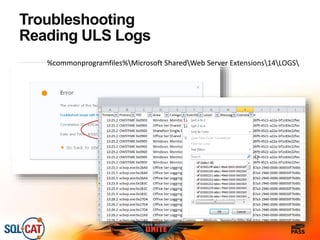 Troubleshooting
Reading ULS Logs
%commonprogramfiles%Microsoft SharedWeb Server Extensions14LOGS
 