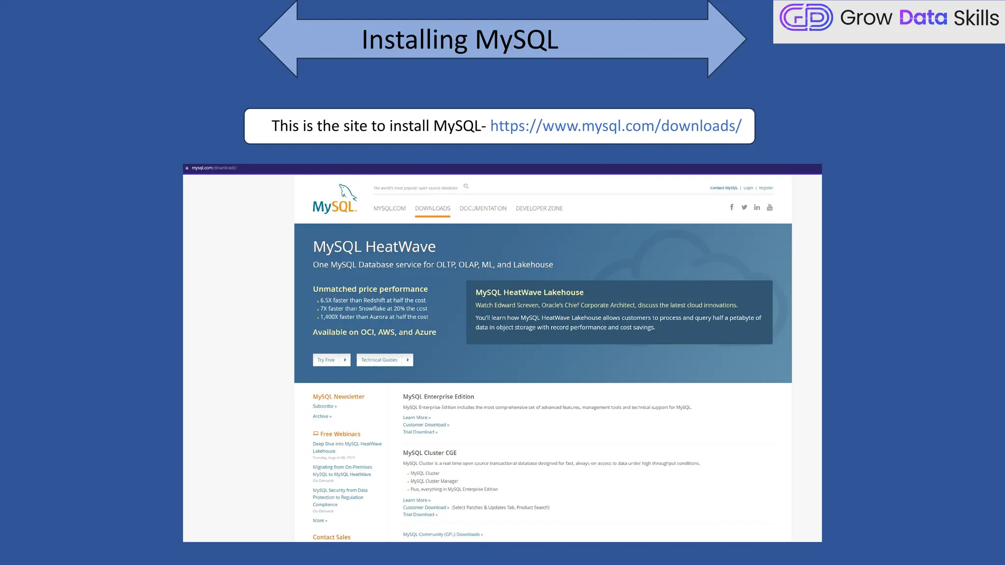 Installing MySQL
This is the site to install MySQL- https://www.mysql.com/downloads/
 