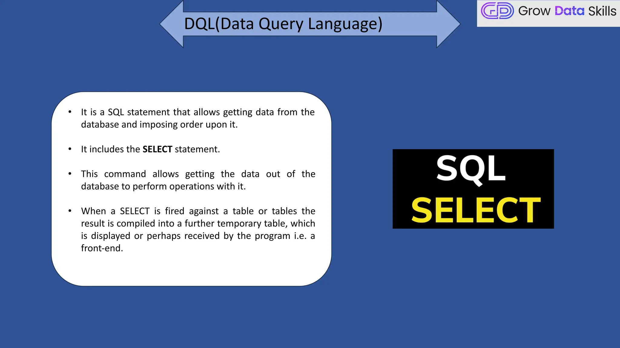• It is a SQL statement that allows getting data from the
database and imposing order upon it.
• It includes the SELECT statement.
• This command allows getting the data out of the
database to perform operations with it.
• When a SELECT is fired against a table or tables the
result is compiled into a further temporary table, which
is displayed or perhaps received by the program i.e. a
front-end.
DQL(Data Query Language)
 