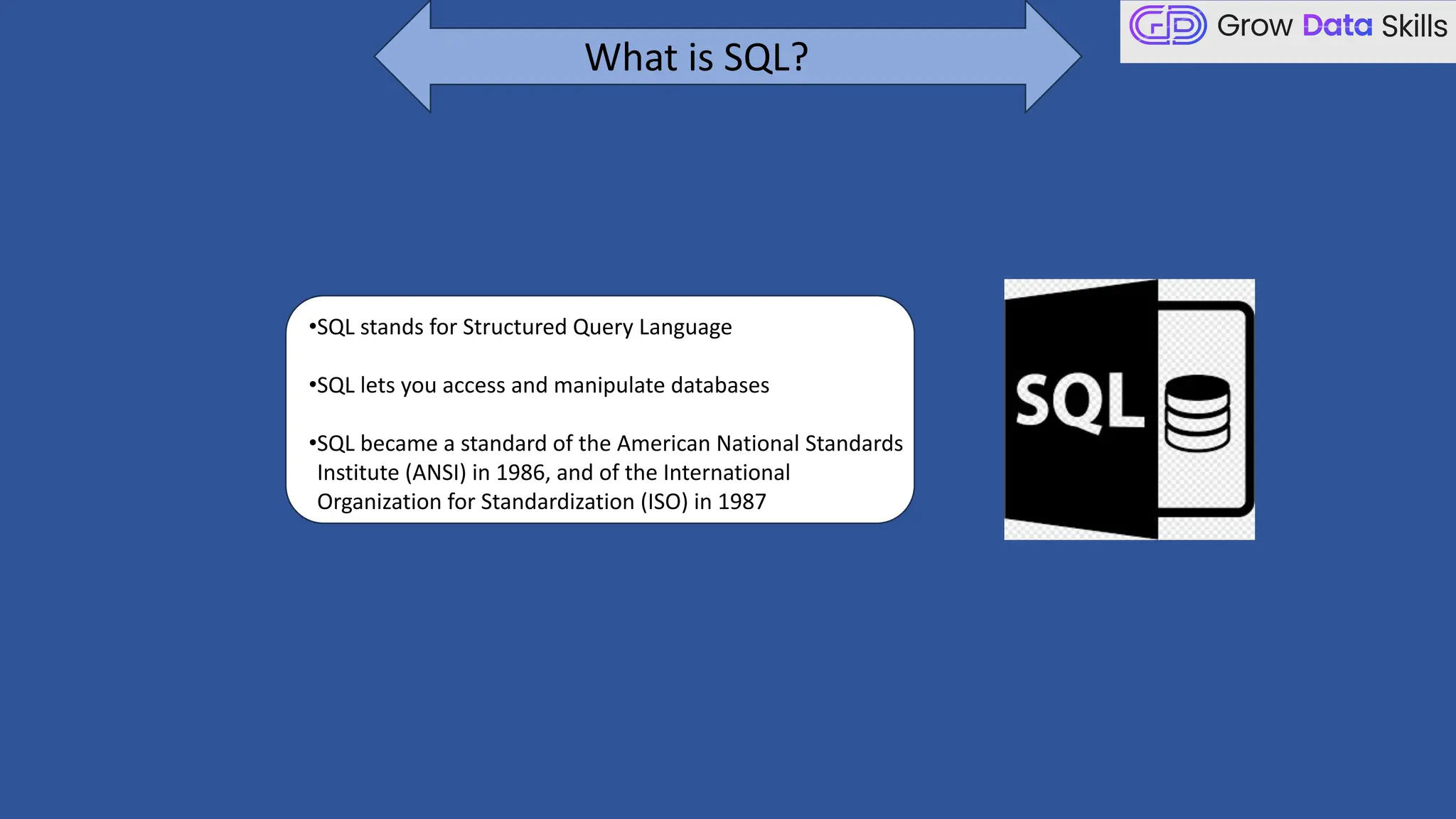 What is SQL?
•SQL stands for Structured Query Language
•SQL lets you access and manipulate databases
•SQL became a standard of the American National Standards
Institute (ANSI) in 1986, and of the International
Organization for Standardization (ISO) in 1987
 