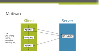 Motivace
                 Klient      Server

                 ADO.NET
CLR
CTS, strong-                 DB ENGINE
typing,          computing
exception
handling, etc…
                 ADO.NET
 
