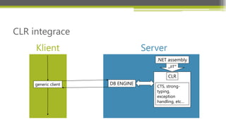 CLR integrace
     Klient                       Server
                                     .NET assembly
                                           „JIT“

                                           CLR
     generic client   DB ENGINE
                                     CTS, strong-
                                     typing,
                                     exception
                                     handling, etc…
 