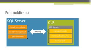 Pod pokličkou

 SQL Server                        CLR
  threading,scheduling             APP domain

  memory management      mapping       managed threads


    synchronization                  memory allocation, GC

                                         low level calls
 