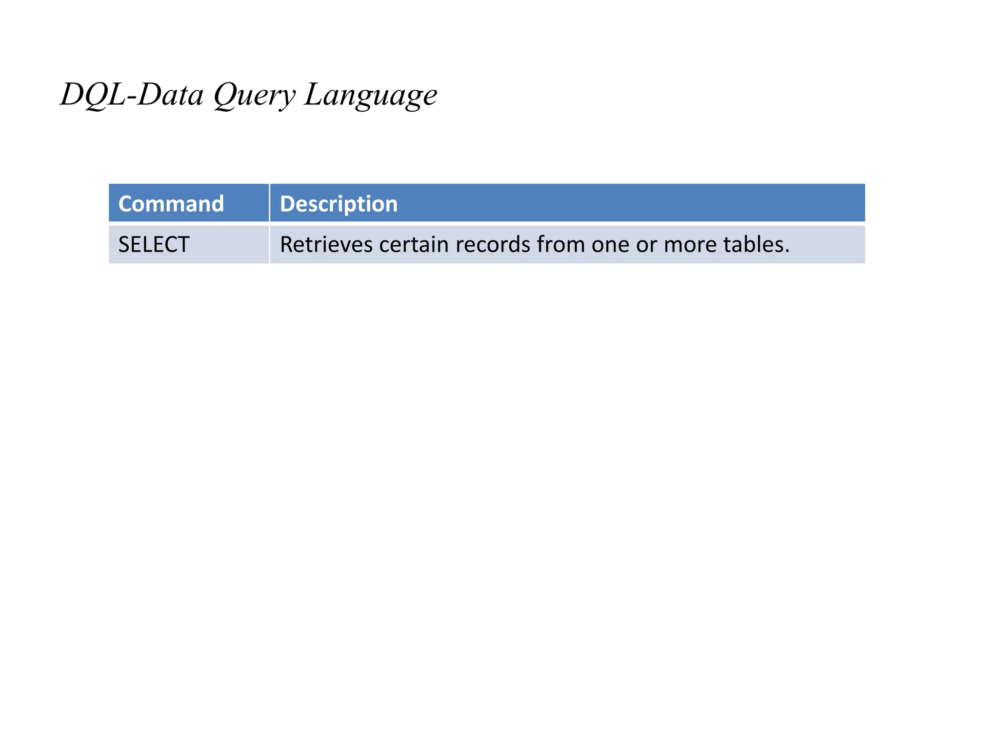 DQL-Data Query Language
Command Description
SELECT Retrieves certain records from one or more tables.
 