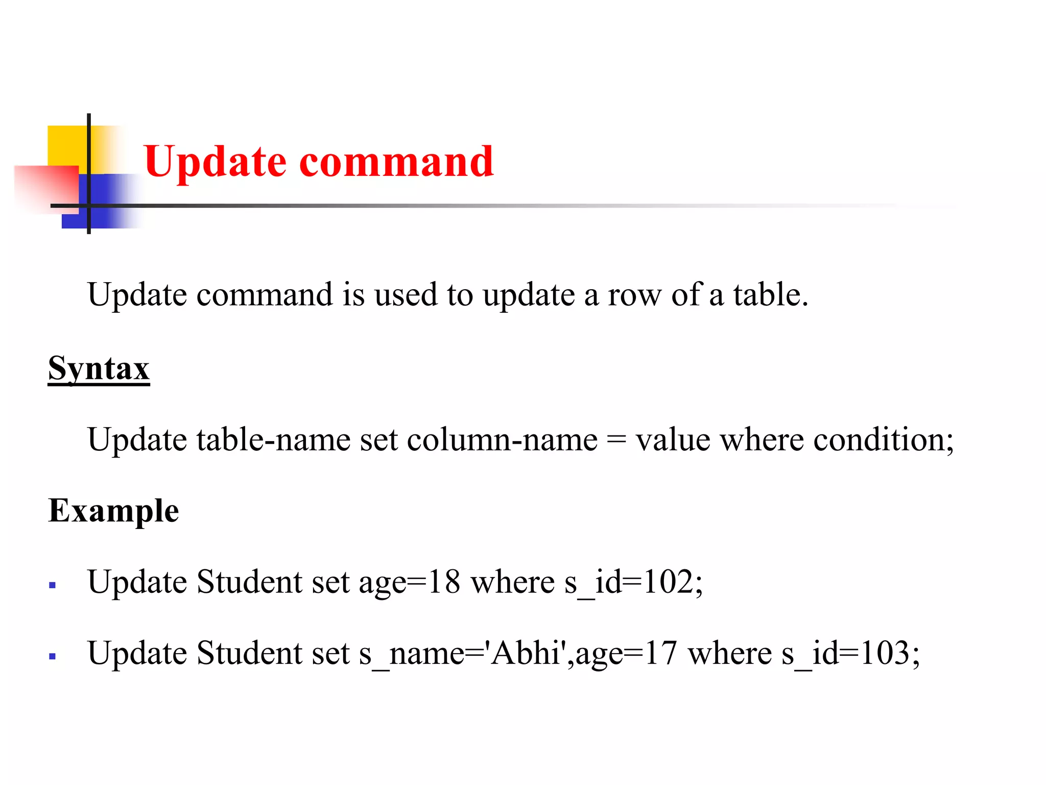 Update command
Update command is used to update a row of a table.
Syntax
Update table-name set column-name = value where condition;
Example
 Update Student set age=18 where s_id=102;
 Update Student set s_name='Abhi',age=17 where s_id=103;
 
