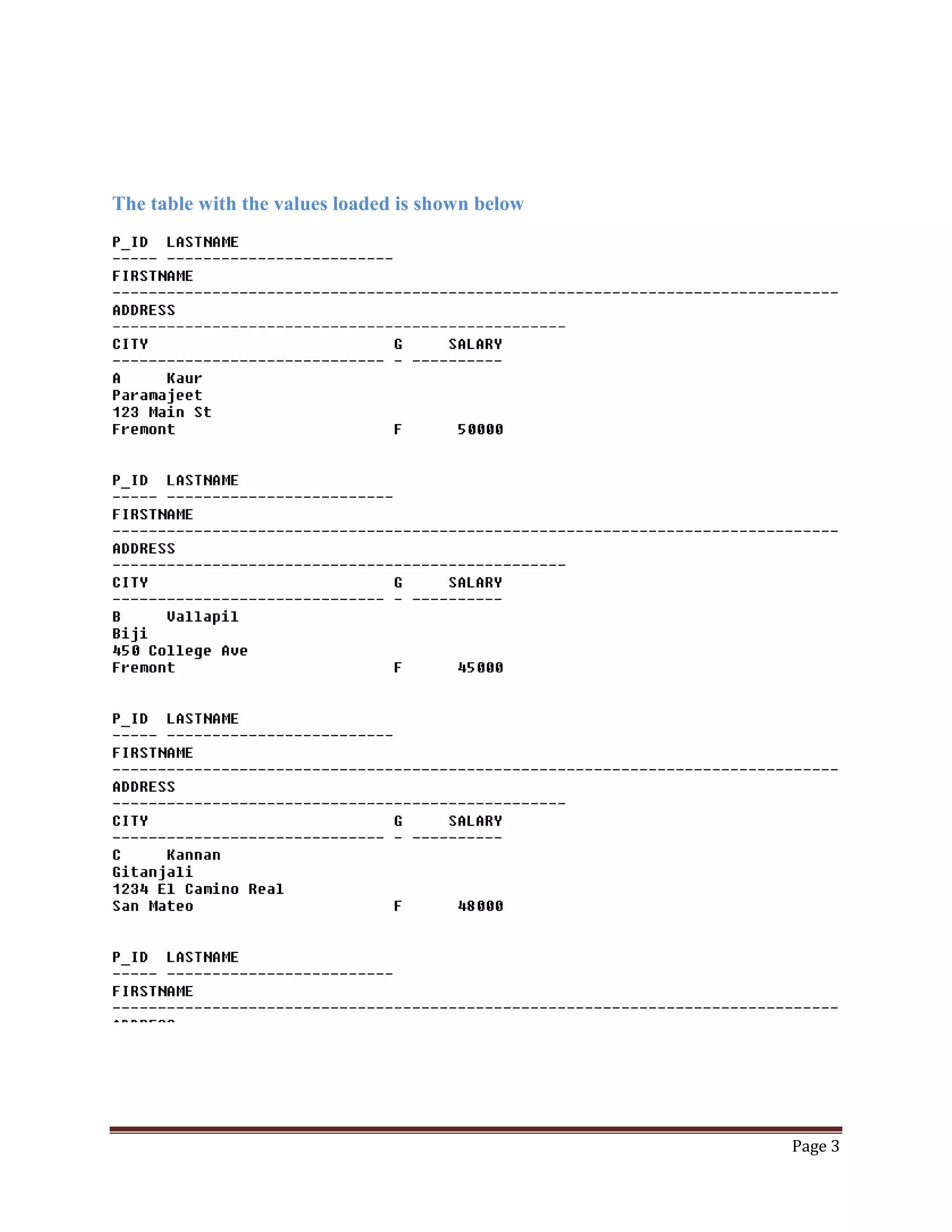 The table with the values loaded is shown below

Page 3

 