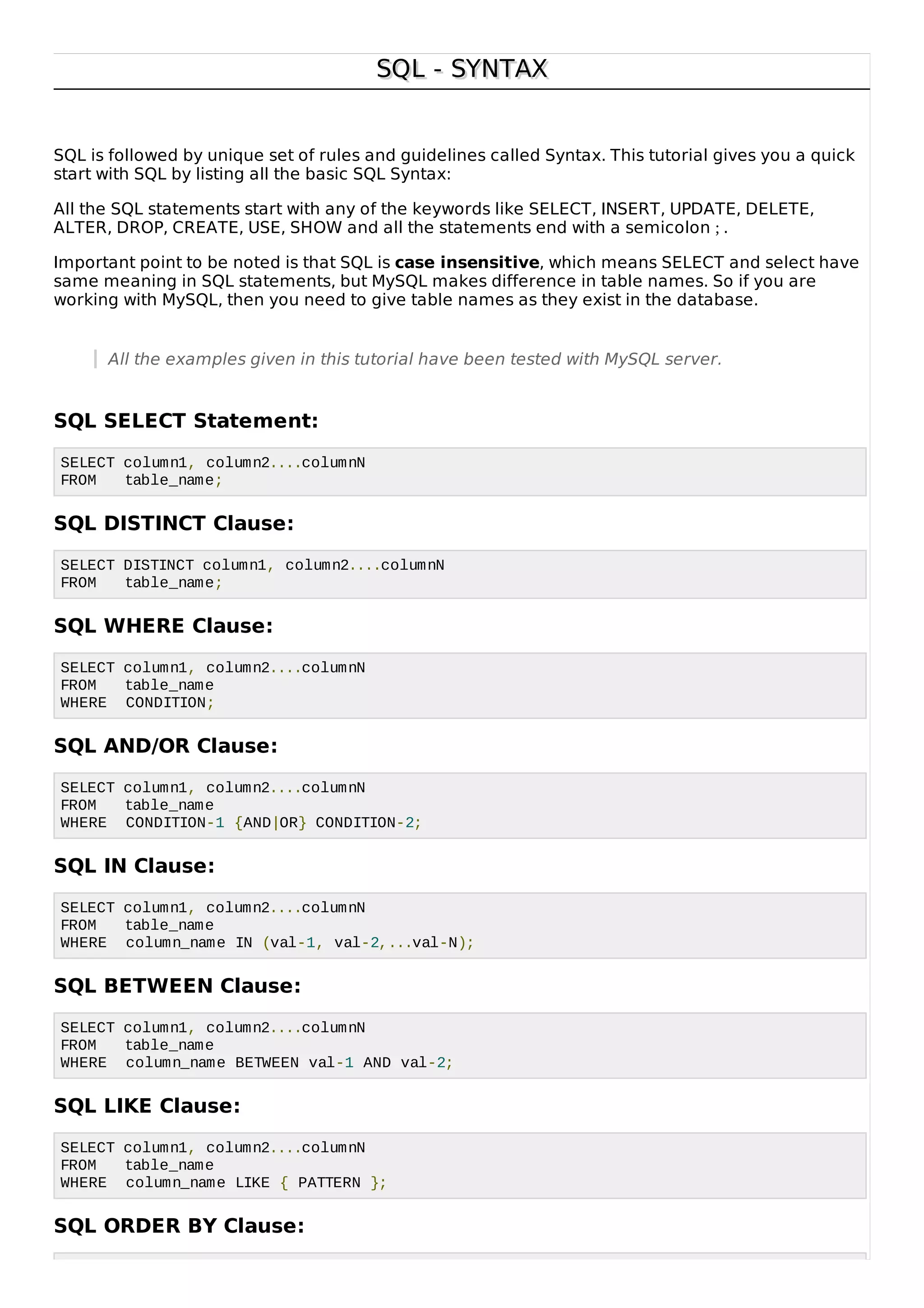SQL - SYNTAXSQL - SYNTAX
SQL is followed by unique set of rules and guidelines called Syntax. This tutorial gives you a quick
start with SQL by listing all the basic SQL Syntax:
All the SQL statements start with any of the keywords like SELECT, INSERT, UPDATE, DELETE,
ALTER, DROP, CREATE, USE, SHOW and all the statements end with a semicolon ; .
Important point to be noted is that SQL is case insensitive, which means SELECT and select have
same meaning in SQL statements, but MySQL makes difference in table names. So if you are
working with MySQL, then you need to give table names as they exist in the database.
All the examples given in this tutorial have been tested with MySQL server.
SQL SELECT Statement:
SELECT column1, column2....columnN
FROM table_name;
SQL DISTINCT Clause:
SELECT DISTINCT column1, column2....columnN
FROM table_name;
SQL WHERE Clause:
SELECT column1, column2....columnN
FROM table_name
WHERE CONDITION;
SQL AND/OR Clause:
SELECT column1, column2....columnN
FROM table_name
WHERE CONDITION-1 {AND|OR} CONDITION-2;
SQL IN Clause:
SELECT column1, column2....columnN
FROM table_name
WHERE column_name IN (val-1, val-2,...val-N);
SQL BETWEEN Clause:
SELECT column1, column2....columnN
FROM table_name
WHERE column_name BETWEEN val-1 AND val-2;
SQL LIKE Clause:
SELECT column1, column2....columnN
FROM table_name
WHERE column_name LIKE { PATTERN };
SQL ORDER BY Clause:
 