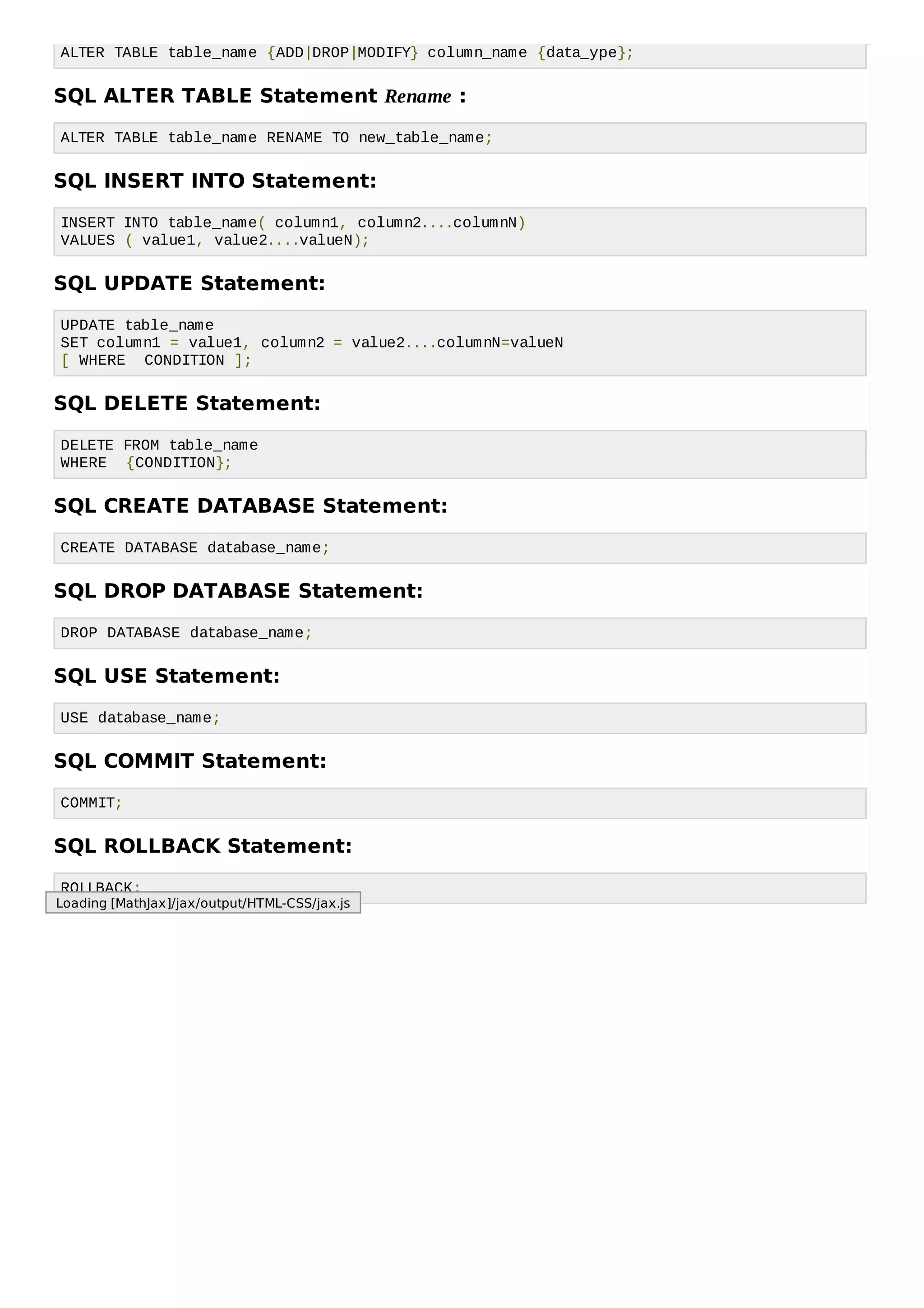 ALTER TABLE table_name {ADD|DROP|MODIFY} column_name {data_ype};
SQL ALTER TABLE Statement Rename :
ALTER TABLE table_name RENAME TO new_table_name;
SQL INSERT INTO Statement:
INSERT INTO table_name( column1, column2....columnN)
VALUES ( value1, value2....valueN);
SQL UPDATE Statement:
UPDATE table_name
SET column1 = value1, column2 = value2....columnN=valueN
[ WHERE CONDITION ];
SQL DELETE Statement:
DELETE FROM table_name
WHERE {CONDITION};
SQL CREATE DATABASE Statement:
CREATE DATABASE database_name;
SQL DROP DATABASE Statement:
DROP DATABASE database_name;
SQL USE Statement:
USE database_name;
SQL COMMIT Statement:
COMMIT;
SQL ROLLBACK Statement:
ROLLBACK;
Loading [MathJax]/jax/output/HTML-CSS/jax.js
 