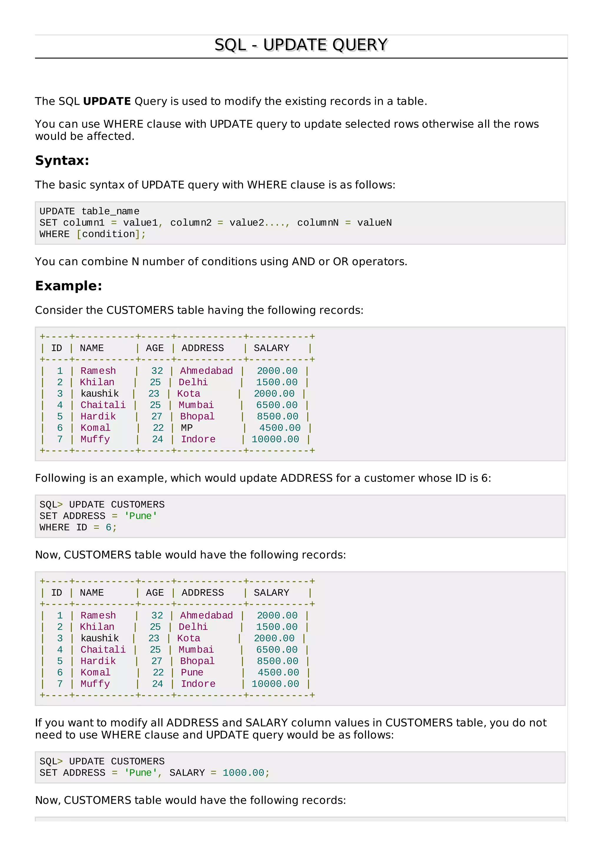 SQL - UPDATE QUERYSQL - UPDATE QUERY
The SQL UPDATE Query is used to modify the existing records in a table.
You can use WHERE clause with UPDATE query to update selected rows otherwise all the rows
would be affected.
Syntax:
The basic syntax of UPDATE query with WHERE clause is as follows:
UPDATE table_name
SET column1 = value1, column2 = value2...., columnN = valueN
WHERE [condition];
You can combine N number of conditions using AND or OR operators.
Example:
Consider the CUSTOMERS table having the following records:
+----+----------+-----+-----------+----------+
| ID | NAME | AGE | ADDRESS | SALARY |
+----+----------+-----+-----------+----------+
| 1 | Ramesh | 32 | Ahmedabad | 2000.00 |
| 2 | Khilan | 25 | Delhi | 1500.00 |
| 3 | kaushik | 23 | Kota | 2000.00 |
| 4 | Chaitali | 25 | Mumbai | 6500.00 |
| 5 | Hardik | 27 | Bhopal | 8500.00 |
| 6 | Komal | 22 | MP | 4500.00 |
| 7 | Muffy | 24 | Indore | 10000.00 |
+----+----------+-----+-----------+----------+
Following is an example, which would update ADDRESS for a customer whose ID is 6:
SQL> UPDATE CUSTOMERS
SET ADDRESS = 'Pune'
WHERE ID = 6;
Now, CUSTOMERS table would have the following records:
+----+----------+-----+-----------+----------+
| ID | NAME | AGE | ADDRESS | SALARY |
+----+----------+-----+-----------+----------+
| 1 | Ramesh | 32 | Ahmedabad | 2000.00 |
| 2 | Khilan | 25 | Delhi | 1500.00 |
| 3 | kaushik | 23 | Kota | 2000.00 |
| 4 | Chaitali | 25 | Mumbai | 6500.00 |
| 5 | Hardik | 27 | Bhopal | 8500.00 |
| 6 | Komal | 22 | Pune | 4500.00 |
| 7 | Muffy | 24 | Indore | 10000.00 |
+----+----------+-----+-----------+----------+
If you want to modify all ADDRESS and SALARY column values in CUSTOMERS table, you do not
need to use WHERE clause and UPDATE query would be as follows:
SQL> UPDATE CUSTOMERS
SET ADDRESS = 'Pune', SALARY = 1000.00;
Now, CUSTOMERS table would have the following records:
 