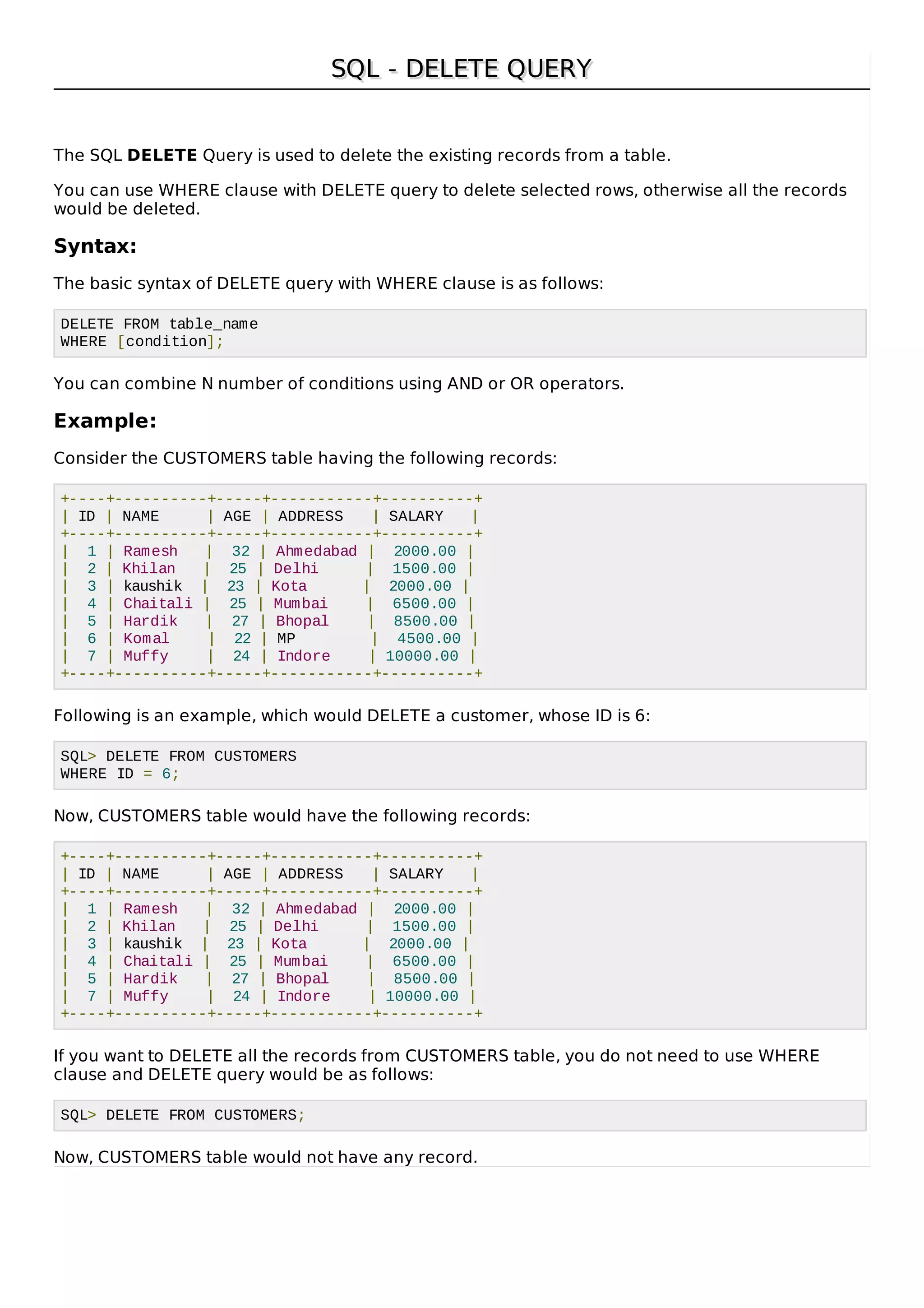 SQL - DELETE QUERYSQL - DELETE QUERY
The SQL DELETE Query is used to delete the existing records from a table.
You can use WHERE clause with DELETE query to delete selected rows, otherwise all the records
would be deleted.
Syntax:
The basic syntax of DELETE query with WHERE clause is as follows:
DELETE FROM table_name
WHERE [condition];
You can combine N number of conditions using AND or OR operators.
Example:
Consider the CUSTOMERS table having the following records:
+----+----------+-----+-----------+----------+
| ID | NAME | AGE | ADDRESS | SALARY |
+----+----------+-----+-----------+----------+
| 1 | Ramesh | 32 | Ahmedabad | 2000.00 |
| 2 | Khilan | 25 | Delhi | 1500.00 |
| 3 | kaushik | 23 | Kota | 2000.00 |
| 4 | Chaitali | 25 | Mumbai | 6500.00 |
| 5 | Hardik | 27 | Bhopal | 8500.00 |
| 6 | Komal | 22 | MP | 4500.00 |
| 7 | Muffy | 24 | Indore | 10000.00 |
+----+----------+-----+-----------+----------+
Following is an example, which would DELETE a customer, whose ID is 6:
SQL> DELETE FROM CUSTOMERS
WHERE ID = 6;
Now, CUSTOMERS table would have the following records:
+----+----------+-----+-----------+----------+
| ID | NAME | AGE | ADDRESS | SALARY |
+----+----------+-----+-----------+----------+
| 1 | Ramesh | 32 | Ahmedabad | 2000.00 |
| 2 | Khilan | 25 | Delhi | 1500.00 |
| 3 | kaushik | 23 | Kota | 2000.00 |
| 4 | Chaitali | 25 | Mumbai | 6500.00 |
| 5 | Hardik | 27 | Bhopal | 8500.00 |
| 7 | Muffy | 24 | Indore | 10000.00 |
+----+----------+-----+-----------+----------+
If you want to DELETE all the records from CUSTOMERS table, you do not need to use WHERE
clause and DELETE query would be as follows:
SQL> DELETE FROM CUSTOMERS;
Now, CUSTOMERS table would not have any record.
 