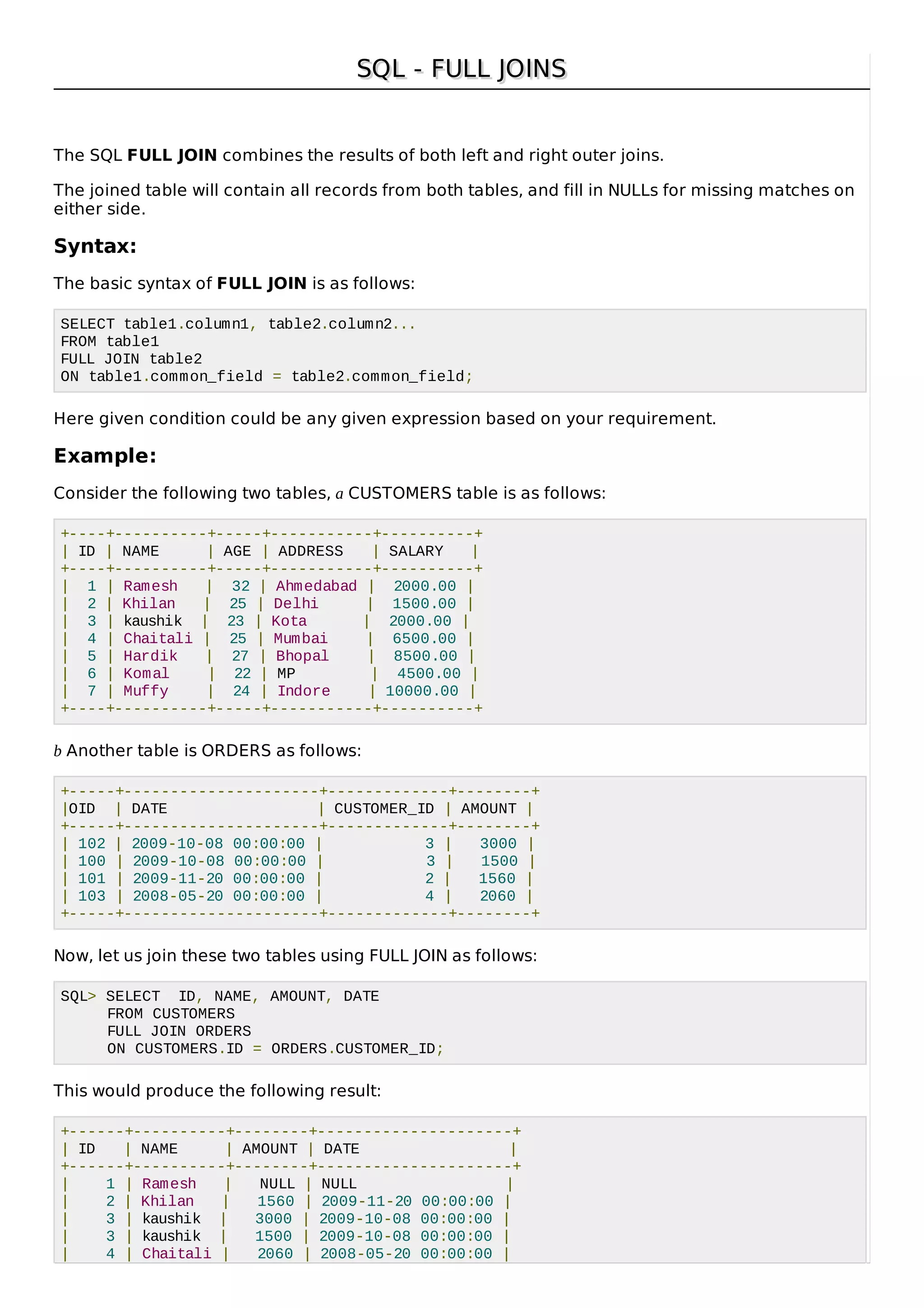 SQL - FULL JOINSSQL - FULL JOINS
The SQL FULL JOIN combines the results of both left and right outer joins.
The joined table will contain all records from both tables, and fill in NULLs for missing matches on
either side.
Syntax:
The basic syntax of FULL JOIN is as follows:
SELECT table1.column1, table2.column2...
FROM table1
FULL JOIN table2
ON table1.common_field = table2.common_field;
Here given condition could be any given expression based on your requirement.
Example:
Consider the following two tables, a CUSTOMERS table is as follows:
+----+----------+-----+-----------+----------+
| ID | NAME | AGE | ADDRESS | SALARY |
+----+----------+-----+-----------+----------+
| 1 | Ramesh | 32 | Ahmedabad | 2000.00 |
| 2 | Khilan | 25 | Delhi | 1500.00 |
| 3 | kaushik | 23 | Kota | 2000.00 |
| 4 | Chaitali | 25 | Mumbai | 6500.00 |
| 5 | Hardik | 27 | Bhopal | 8500.00 |
| 6 | Komal | 22 | MP | 4500.00 |
| 7 | Muffy | 24 | Indore | 10000.00 |
+----+----------+-----+-----------+----------+
b Another table is ORDERS as follows:
+-----+---------------------+-------------+--------+
|OID | DATE | CUSTOMER_ID | AMOUNT |
+-----+---------------------+-------------+--------+
| 102 | 2009-10-08 00:00:00 | 3 | 3000 |
| 100 | 2009-10-08 00:00:00 | 3 | 1500 |
| 101 | 2009-11-20 00:00:00 | 2 | 1560 |
| 103 | 2008-05-20 00:00:00 | 4 | 2060 |
+-----+---------------------+-------------+--------+
Now, let us join these two tables using FULL JOIN as follows:
SQL> SELECT ID, NAME, AMOUNT, DATE
FROM CUSTOMERS
FULL JOIN ORDERS
ON CUSTOMERS.ID = ORDERS.CUSTOMER_ID;
This would produce the following result:
+------+----------+--------+---------------------+
| ID | NAME | AMOUNT | DATE |
+------+----------+--------+---------------------+
| 1 | Ramesh | NULL | NULL |
| 2 | Khilan | 1560 | 2009-11-20 00:00:00 |
| 3 | kaushik | 3000 | 2009-10-08 00:00:00 |
| 3 | kaushik | 1500 | 2009-10-08 00:00:00 |
| 4 | Chaitali | 2060 | 2008-05-20 00:00:00 |
 