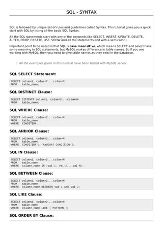 SQL - SYNTAXSQL - SYNTAX
SQL is followed by unique set of rules and guidelines called Syntax. This tutorial gives you a quick
start with SQL by listing all the basic SQL Syntax:
All the SQL statements start with any of the keywords like SELECT, INSERT, UPDATE, DELETE,
ALTER, DROP, CREATE, USE, SHOW and all the statements end with a semicolon ; .
Important point to be noted is that SQL is case insensitive, which means SELECT and select have
same meaning in SQL statements, but MySQL makes difference in table names. So if you are
working with MySQL, then you need to give table names as they exist in the database.
All the examples given in this tutorial have been tested with MySQL server.
SQL SELECT Statement:
SELECT column1, column2....columnN
FROM table_name;
SQL DISTINCT Clause:
SELECT DISTINCT column1, column2....columnN
FROM table_name;
SQL WHERE Clause:
SELECT column1, column2....columnN
FROM table_name
WHERE CONDITION;
SQL AND/OR Clause:
SELECT column1, column2....columnN
FROM table_name
WHERE CONDITION-1 {AND|OR} CONDITION-2;
SQL IN Clause:
SELECT column1, column2....columnN
FROM table_name
WHERE column_name IN (val-1, val-2,...val-N);
SQL BETWEEN Clause:
SELECT column1, column2....columnN
FROM table_name
WHERE column_name BETWEEN val-1 AND val-2;
SQL LIKE Clause:
SELECT column1, column2....columnN
FROM table_name
WHERE column_name LIKE { PATTERN };
SQL ORDER BY Clause:
 