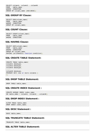 SELECT column1, column2....columnN
FROM table_name
WHERE CONDITION
ORDER BY column_name {ASC|DESC};
SQL GROUP BY Clause:
SELECT SUM(column_name)
FROM table_name
WHERE CONDITION
GROUP BY column_name;
SQL COUNT Clause:
SELECT COUNT(column_name)
FROM table_name
WHERE CONDITION;
SQL HAVING Clause:
SELECT SUM(column_name)
FROM table_name
WHERE CONDITION
GROUP BY column_name
HAVING (arithematic function condition);
SQL CREATE TABLE Statement:
CREATE TABLE table_name(
column1 datatype,
column2 datatype,
column3 datatype,
.....
columnN datatype,
PRIMARY KEY( one or more columns )
);
SQL DROP TABLE Statement:
DROP TABLE table_name;
SQL CREATE INDEX Statement :
CREATE UNIQUE INDEX index_name
ON table_name ( column1, column2,...columnN);
SQL DROP INDEX Statement :
ALTER TABLE table_name
DROP INDEX index_name;
SQL DESC Statement :
DESC table_name;
SQL TRUNCATE TABLE Statement:
TRUNCATE TABLE table_name;
SQL ALTER TABLE Statement:
 