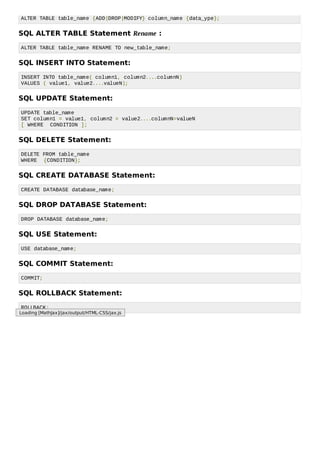 ALTER TABLE table_name {ADD|DROP|MODIFY} column_name {data_ype};
SQL ALTER TABLE Statement Rename :
ALTER TABLE table_name RENAME TO new_table_name;
SQL INSERT INTO Statement:
INSERT INTO table_name( column1, column2....columnN)
VALUES ( value1, value2....valueN);
SQL UPDATE Statement:
UPDATE table_name
SET column1 = value1, column2 = value2....columnN=valueN
[ WHERE CONDITION ];
SQL DELETE Statement:
DELETE FROM table_name
WHERE {CONDITION};
SQL CREATE DATABASE Statement:
CREATE DATABASE database_name;
SQL DROP DATABASE Statement:
DROP DATABASE database_name;
SQL USE Statement:
USE database_name;
SQL COMMIT Statement:
COMMIT;
SQL ROLLBACK Statement:
ROLLBACK;
Loading [MathJax]/jax/output/HTML-CSS/jax.js
 