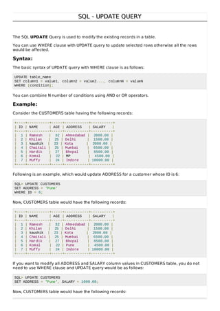 SQL - UPDATE QUERYSQL - UPDATE QUERY
The SQL UPDATE Query is used to modify the existing records in a table.
You can use WHERE clause with UPDATE query to update selected rows otherwise all the rows
would be affected.
Syntax:
The basic syntax of UPDATE query with WHERE clause is as follows:
UPDATE table_name
SET column1 = value1, column2 = value2...., columnN = valueN
WHERE [condition];
You can combine N number of conditions using AND or OR operators.
Example:
Consider the CUSTOMERS table having the following records:
+----+----------+-----+-----------+----------+
| ID | NAME | AGE | ADDRESS | SALARY |
+----+----------+-----+-----------+----------+
| 1 | Ramesh | 32 | Ahmedabad | 2000.00 |
| 2 | Khilan | 25 | Delhi | 1500.00 |
| 3 | kaushik | 23 | Kota | 2000.00 |
| 4 | Chaitali | 25 | Mumbai | 6500.00 |
| 5 | Hardik | 27 | Bhopal | 8500.00 |
| 6 | Komal | 22 | MP | 4500.00 |
| 7 | Muffy | 24 | Indore | 10000.00 |
+----+----------+-----+-----------+----------+
Following is an example, which would update ADDRESS for a customer whose ID is 6:
SQL> UPDATE CUSTOMERS
SET ADDRESS = 'Pune'
WHERE ID = 6;
Now, CUSTOMERS table would have the following records:
+----+----------+-----+-----------+----------+
| ID | NAME | AGE | ADDRESS | SALARY |
+----+----------+-----+-----------+----------+
| 1 | Ramesh | 32 | Ahmedabad | 2000.00 |
| 2 | Khilan | 25 | Delhi | 1500.00 |
| 3 | kaushik | 23 | Kota | 2000.00 |
| 4 | Chaitali | 25 | Mumbai | 6500.00 |
| 5 | Hardik | 27 | Bhopal | 8500.00 |
| 6 | Komal | 22 | Pune | 4500.00 |
| 7 | Muffy | 24 | Indore | 10000.00 |
+----+----------+-----+-----------+----------+
If you want to modify all ADDRESS and SALARY column values in CUSTOMERS table, you do not
need to use WHERE clause and UPDATE query would be as follows:
SQL> UPDATE CUSTOMERS
SET ADDRESS = 'Pune', SALARY = 1000.00;
Now, CUSTOMERS table would have the following records:
 
