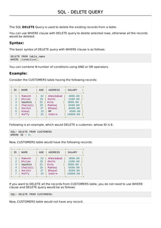 SQL - DELETE QUERYSQL - DELETE QUERY
The SQL DELETE Query is used to delete the existing records from a table.
You can use WHERE clause with DELETE query to delete selected rows, otherwise all the records
would be deleted.
Syntax:
The basic syntax of DELETE query with WHERE clause is as follows:
DELETE FROM table_name
WHERE [condition];
You can combine N number of conditions using AND or OR operators.
Example:
Consider the CUSTOMERS table having the following records:
+----+----------+-----+-----------+----------+
| ID | NAME | AGE | ADDRESS | SALARY |
+----+----------+-----+-----------+----------+
| 1 | Ramesh | 32 | Ahmedabad | 2000.00 |
| 2 | Khilan | 25 | Delhi | 1500.00 |
| 3 | kaushik | 23 | Kota | 2000.00 |
| 4 | Chaitali | 25 | Mumbai | 6500.00 |
| 5 | Hardik | 27 | Bhopal | 8500.00 |
| 6 | Komal | 22 | MP | 4500.00 |
| 7 | Muffy | 24 | Indore | 10000.00 |
+----+----------+-----+-----------+----------+
Following is an example, which would DELETE a customer, whose ID is 6:
SQL> DELETE FROM CUSTOMERS
WHERE ID = 6;
Now, CUSTOMERS table would have the following records:
+----+----------+-----+-----------+----------+
| ID | NAME | AGE | ADDRESS | SALARY |
+----+----------+-----+-----------+----------+
| 1 | Ramesh | 32 | Ahmedabad | 2000.00 |
| 2 | Khilan | 25 | Delhi | 1500.00 |
| 3 | kaushik | 23 | Kota | 2000.00 |
| 4 | Chaitali | 25 | Mumbai | 6500.00 |
| 5 | Hardik | 27 | Bhopal | 8500.00 |
| 7 | Muffy | 24 | Indore | 10000.00 |
+----+----------+-----+-----------+----------+
If you want to DELETE all the records from CUSTOMERS table, you do not need to use WHERE
clause and DELETE query would be as follows:
SQL> DELETE FROM CUSTOMERS;
Now, CUSTOMERS table would not have any record.
 