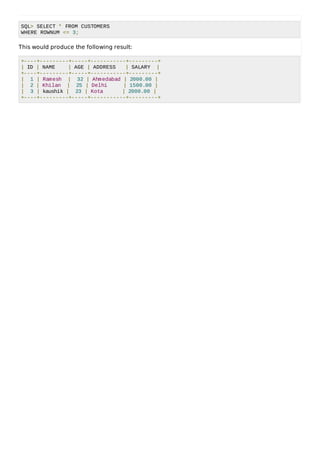 SQL> SELECT * FROM CUSTOMERS
WHERE ROWNUM <= 3;
This would produce the following result:
+----+---------+-----+-----------+---------+
| ID | NAME | AGE | ADDRESS | SALARY |
+----+---------+-----+-----------+---------+
| 1 | Ramesh | 32 | Ahmedabad | 2000.00 |
| 2 | Khilan | 25 | Delhi | 1500.00 |
| 3 | kaushik | 23 | Kota | 2000.00 |
+----+---------+-----+-----------+---------+
 