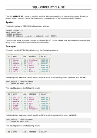 SQL - ORDER BY CLAUSESQL - ORDER BY CLAUSE
The SQL ORDER BY clause is used to sort the data in ascending or descending order, based on
one or more columns. Some database sorts query results in ascending order by default.
Syntax:
The basic syntax of ORDER BY clause is as follows:
SELECT column-list
FROM table_name
[WHERE condition]
[ORDER BY column1, column2, .. columnN] [ASC | DESC];
You can use more than one column in the ORDER BY clause. Make sure whatever column you are
using to sort, that column should be in column-list.
Example:
Consider the CUSTOMERS table having the following records:
+----+----------+-----+-----------+----------+
| ID | NAME | AGE | ADDRESS | SALARY |
+----+----------+-----+-----------+----------+
| 1 | Ramesh | 32 | Ahmedabad | 2000.00 |
| 2 | Khilan | 25 | Delhi | 1500.00 |
| 3 | kaushik | 23 | Kota | 2000.00 |
| 4 | Chaitali | 25 | Mumbai | 6500.00 |
| 5 | Hardik | 27 | Bhopal | 8500.00 |
| 6 | Komal | 22 | MP | 4500.00 |
| 7 | Muffy | 24 | Indore | 10000.00 |
+----+----------+-----+-----------+----------+
Following is an example, which would sort the result in ascending order by NAME and SALARY:
SQL> SELECT * FROM CUSTOMERS
ORDER BY NAME, SALARY;
This would produce the following result:
+----+----------+-----+-----------+----------+
| ID | NAME | AGE | ADDRESS | SALARY |
+----+----------+-----+-----------+----------+
| 4 | Chaitali | 25 | Mumbai | 6500.00 |
| 5 | Hardik | 27 | Bhopal | 8500.00 |
| 3 | kaushik | 23 | Kota | 2000.00 |
| 2 | Khilan | 25 | Delhi | 1500.00 |
| 6 | Komal | 22 | MP | 4500.00 |
| 7 | Muffy | 24 | Indore | 10000.00 |
| 1 | Ramesh | 32 | Ahmedabad | 2000.00 |
+----+----------+-----+-----------+----------+
Following is an example, which would sort the result in descending order by NAME:
SQL> SELECT * FROM CUSTOMERS
ORDER BY NAME DESC;
This would produce the following result:
+----+----------+-----+-----------+----------+
| ID | NAME | AGE | ADDRESS | SALARY |
 