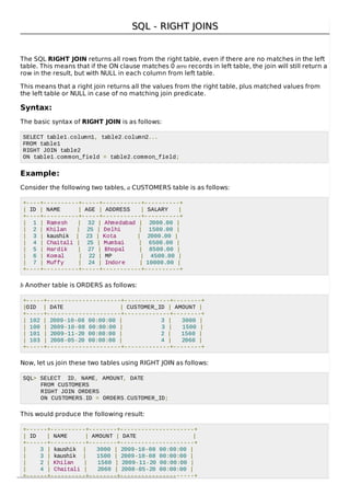 SQL - RIGHT JOINSSQL - RIGHT JOINS
The SQL RIGHT JOIN returns all rows from the right table, even if there are no matches in the left
table. This means that if the ON clause matches 0 zero records in left table, the join will still return a
row in the result, but with NULL in each column from left table.
This means that a right join returns all the values from the right table, plus matched values from
the left table or NULL in case of no matching join predicate.
Syntax:
The basic syntax of RIGHT JOIN is as follows:
SELECT table1.column1, table2.column2...
FROM table1
RIGHT JOIN table2
ON table1.common_field = table2.common_field;
Example:
Consider the following two tables, a CUSTOMERS table is as follows:
+----+----------+-----+-----------+----------+
| ID | NAME | AGE | ADDRESS | SALARY |
+----+----------+-----+-----------+----------+
| 1 | Ramesh | 32 | Ahmedabad | 2000.00 |
| 2 | Khilan | 25 | Delhi | 1500.00 |
| 3 | kaushik | 23 | Kota | 2000.00 |
| 4 | Chaitali | 25 | Mumbai | 6500.00 |
| 5 | Hardik | 27 | Bhopal | 8500.00 |
| 6 | Komal | 22 | MP | 4500.00 |
| 7 | Muffy | 24 | Indore | 10000.00 |
+----+----------+-----+-----------+----------+
b Another table is ORDERS as follows:
+-----+---------------------+-------------+--------+
|OID | DATE | CUSTOMER_ID | AMOUNT |
+-----+---------------------+-------------+--------+
| 102 | 2009-10-08 00:00:00 | 3 | 3000 |
| 100 | 2009-10-08 00:00:00 | 3 | 1500 |
| 101 | 2009-11-20 00:00:00 | 2 | 1560 |
| 103 | 2008-05-20 00:00:00 | 4 | 2060 |
+-----+---------------------+-------------+--------+
Now, let us join these two tables using RIGHT JOIN as follows:
SQL> SELECT ID, NAME, AMOUNT, DATE
FROM CUSTOMERS
RIGHT JOIN ORDERS
ON CUSTOMERS.ID = ORDERS.CUSTOMER_ID;
This would produce the following result:
+------+----------+--------+---------------------+
| ID | NAME | AMOUNT | DATE |
+------+----------+--------+---------------------+
| 3 | kaushik | 3000 | 2009-10-08 00:00:00 |
| 3 | kaushik | 1500 | 2009-10-08 00:00:00 |
| 2 | Khilan | 1560 | 2009-11-20 00:00:00 |
| 4 | Chaitali | 2060 | 2008-05-20 00:00:00 |
+------+----------+--------+---------------------+
 