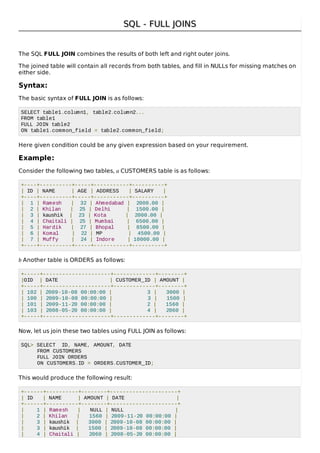 SQL - FULL JOINSSQL - FULL JOINS
The SQL FULL JOIN combines the results of both left and right outer joins.
The joined table will contain all records from both tables, and fill in NULLs for missing matches on
either side.
Syntax:
The basic syntax of FULL JOIN is as follows:
SELECT table1.column1, table2.column2...
FROM table1
FULL JOIN table2
ON table1.common_field = table2.common_field;
Here given condition could be any given expression based on your requirement.
Example:
Consider the following two tables, a CUSTOMERS table is as follows:
+----+----------+-----+-----------+----------+
| ID | NAME | AGE | ADDRESS | SALARY |
+----+----------+-----+-----------+----------+
| 1 | Ramesh | 32 | Ahmedabad | 2000.00 |
| 2 | Khilan | 25 | Delhi | 1500.00 |
| 3 | kaushik | 23 | Kota | 2000.00 |
| 4 | Chaitali | 25 | Mumbai | 6500.00 |
| 5 | Hardik | 27 | Bhopal | 8500.00 |
| 6 | Komal | 22 | MP | 4500.00 |
| 7 | Muffy | 24 | Indore | 10000.00 |
+----+----------+-----+-----------+----------+
b Another table is ORDERS as follows:
+-----+---------------------+-------------+--------+
|OID | DATE | CUSTOMER_ID | AMOUNT |
+-----+---------------------+-------------+--------+
| 102 | 2009-10-08 00:00:00 | 3 | 3000 |
| 100 | 2009-10-08 00:00:00 | 3 | 1500 |
| 101 | 2009-11-20 00:00:00 | 2 | 1560 |
| 103 | 2008-05-20 00:00:00 | 4 | 2060 |
+-----+---------------------+-------------+--------+
Now, let us join these two tables using FULL JOIN as follows:
SQL> SELECT ID, NAME, AMOUNT, DATE
FROM CUSTOMERS
FULL JOIN ORDERS
ON CUSTOMERS.ID = ORDERS.CUSTOMER_ID;
This would produce the following result:
+------+----------+--------+---------------------+
| ID | NAME | AMOUNT | DATE |
+------+----------+--------+---------------------+
| 1 | Ramesh | NULL | NULL |
| 2 | Khilan | 1560 | 2009-11-20 00:00:00 |
| 3 | kaushik | 3000 | 2009-10-08 00:00:00 |
| 3 | kaushik | 1500 | 2009-10-08 00:00:00 |
| 4 | Chaitali | 2060 | 2008-05-20 00:00:00 |
 
