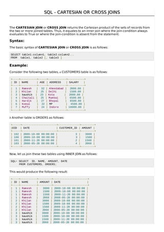 SQL - CARTESIAN OR CROSS JOINSSQL - CARTESIAN OR CROSS JOINS
The CARTESIAN JOIN or CROSS JOIN returns the Cartesian product of the sets of records from
the two or more joined tables. Thus, it equates to an inner join where the join-condition always
evaluates to True or where the join-condition is absent from the statement.
Syntax:
The basic syntax of CARTESIAN JOIN or CROSS JOIN is as follows:
SELECT table1.column1, table2.column2...
FROM table1, table2 [, table3 ]
Example:
Consider the following two tables, a CUSTOMERS table is as follows:
+----+----------+-----+-----------+----------+
| ID | NAME | AGE | ADDRESS | SALARY |
+----+----------+-----+-----------+----------+
| 1 | Ramesh | 32 | Ahmedabad | 2000.00 |
| 2 | Khilan | 25 | Delhi | 1500.00 |
| 3 | kaushik | 23 | Kota | 2000.00 |
| 4 | Chaitali | 25 | Mumbai | 6500.00 |
| 5 | Hardik | 27 | Bhopal | 8500.00 |
| 6 | Komal | 22 | MP | 4500.00 |
| 7 | Muffy | 24 | Indore | 10000.00 |
+----+----------+-----+-----------+----------+
b Another table is ORDERS as follows:
+-----+---------------------+-------------+--------+
|OID | DATE | CUSTOMER_ID | AMOUNT |
+-----+---------------------+-------------+--------+
| 102 | 2009-10-08 00:00:00 | 3 | 3000 |
| 100 | 2009-10-08 00:00:00 | 3 | 1500 |
| 101 | 2009-11-20 00:00:00 | 2 | 1560 |
| 103 | 2008-05-20 00:00:00 | 4 | 2060 |
+-----+---------------------+-------------+--------+
Now, let us join these two tables using INNER JOIN as follows:
SQL> SELECT ID, NAME, AMOUNT, DATE
FROM CUSTOMERS, ORDERS;
This would produce the following result:
+----+----------+--------+---------------------+
| ID | NAME | AMOUNT | DATE |
+----+----------+--------+---------------------+
| 1 | Ramesh | 3000 | 2009-10-08 00:00:00 |
| 1 | Ramesh | 1500 | 2009-10-08 00:00:00 |
| 1 | Ramesh | 1560 | 2009-11-20 00:00:00 |
| 1 | Ramesh | 2060 | 2008-05-20 00:00:00 |
| 2 | Khilan | 3000 | 2009-10-08 00:00:00 |
| 2 | Khilan | 1500 | 2009-10-08 00:00:00 |
| 2 | Khilan | 1560 | 2009-11-20 00:00:00 |
| 2 | Khilan | 2060 | 2008-05-20 00:00:00 |
| 3 | kaushik | 3000 | 2009-10-08 00:00:00 |
| 3 | kaushik | 1500 | 2009-10-08 00:00:00 |
| 3 | kaushik | 1560 | 2009-11-20 00:00:00 |
| 3 | kaushik | 2060 | 2008-05-20 00:00:00 |
 