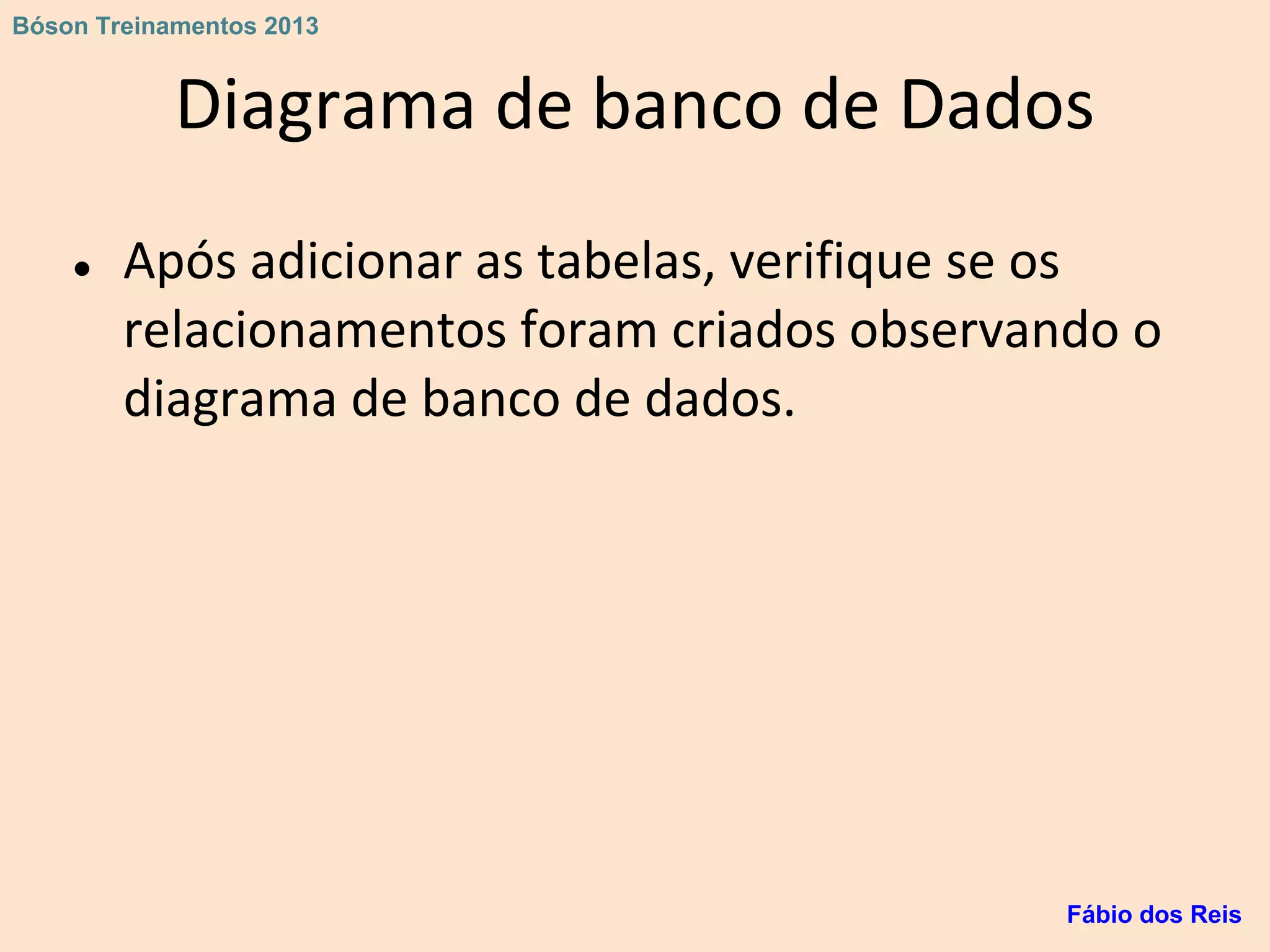 Diagrama de banco de Dados
● Após adicionar as tabelas, verifique se os
relacionamentos foram criados observando o
diagrama de banco de dados.
Fábio dos Reis
Bóson Treinamentos 2013
 