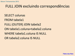 FULL JOIN excluindo correspondências
SELECT colunas
FROM tabela1
FULL (OUTER) JOIN tabela2
ON tabela1.coluna=tabela2.coluna
WHERE tabela1.coluna IS NULL
OR tabela2.coluna IS NULL
Fábio dos Reis
Bóson Treinamentos 2013
 