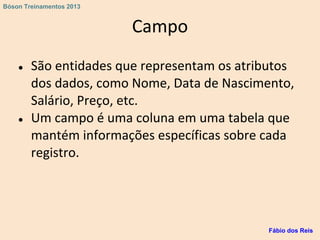 Campo
● São entidades que representam os atributos
dos dados, como Nome, Data de Nascimento,
Salário, Preço, etc.
● Um campo é uma coluna em uma tabela que
mantém informações específicas sobre cada
registro.
Fábio dos Reis
Bóson Treinamentos 2013
 