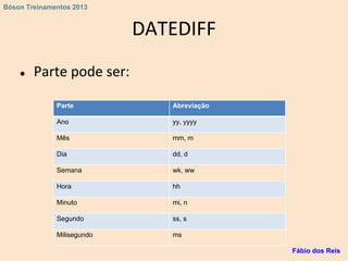 DATEDIFF
● Parte pode ser:
Parte Abreviação
Ano yy, yyyy
Mês mm, m
Dia dd, d
Semana wk, ww
Hora hh
Minuto mi, n
Segundo ss, s
Milisegundo ms
Fábio dos Reis
Bóson Treinamentos 2013
 