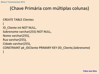 (Chave Primária com múltiplas colunas)
CREATE TABLE Clientes
(
ID_Cliente int NOT NULL,
Sobrenome varchar(255) NOT NULL,
Nome varchar(255),
Rua varchar(255),
Cidade varchar(255),
CONSTRAINT pk_IDCliente PRIMARY KEY (ID_Cliente,Sobrenome)
)
Fábio dos Reis
Bóson Treinamentos 2013
 