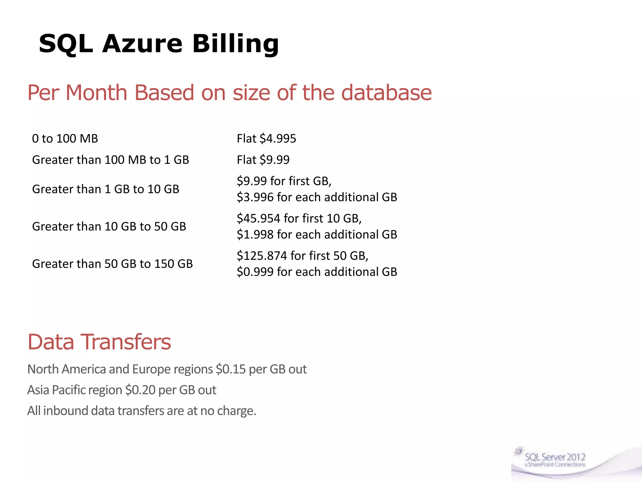 SQL Azure Billing
0 to 100 MB Flat $4.995
Greater than 100 MB to 1 GB Flat $9.99
Greater than 1 GB to 10 GB
$9.99 for first GB,
$3.996 for each additional GB
Greater than 10 GB to 50 GB
$45.954 for first 10 GB,
$1.998 for each additional GB
Greater than 50 GB to 150 GB
$125.874 for first 50 GB,
$0.999 for each additional GB
 