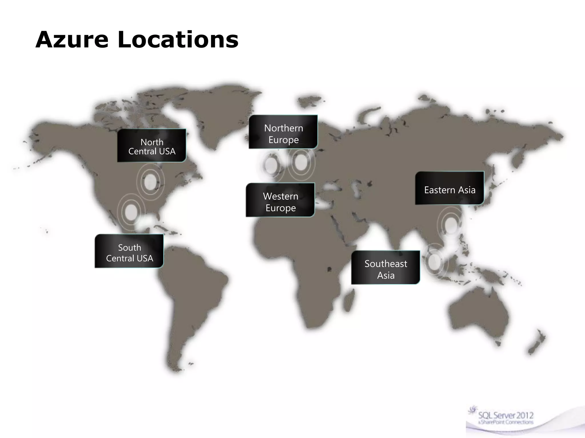 Azure Locations
North
Central USA
South
Central USA
Northern
Europe
Western
Europe
Eastern Asia
Southeast
Asia
 