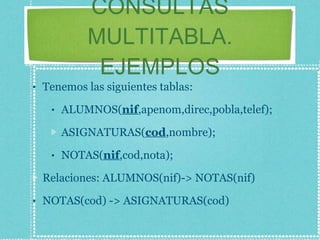 CONSULTAS MULTITABLA. EJEMPLOS Tenemos las siguientes tablas: ALUMNOS( nif ,apenom,direc,pobla,telef); ASIGNATURAS( cod ,nombre); NOTAS( nif ,cod,nota); Relaciones: ALUMNOS(nif)-> NOTAS(nif) NOTAS(cod) -> ASIGNATURAS(cod) 