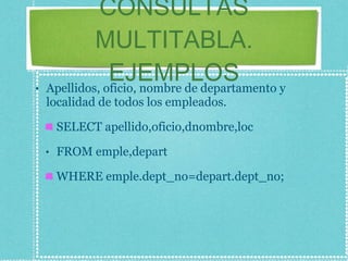 CONSULTAS MULTITABLA. EJEMPLOS Apellidos, oficio, nombre de departamento y localidad de todos los empleados. SELECT apellido,oficio,dnombre,loc FROM emple,depart WHERE emple.dept_no=depart.dept_no; 